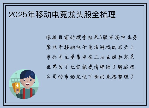 2025年移动电竞龙头股全梳理